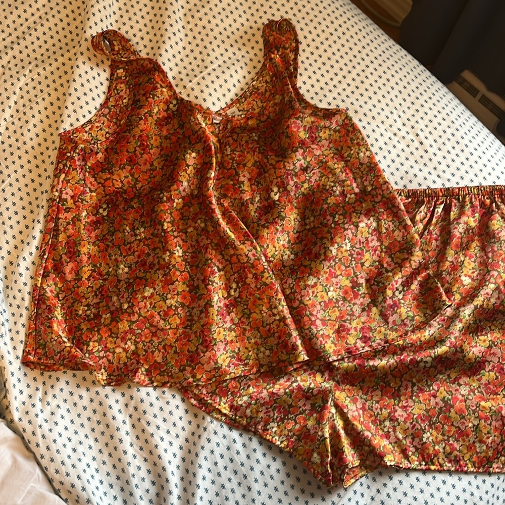 Victoria's Secret Orange & Red Floral Satin Pajama Set